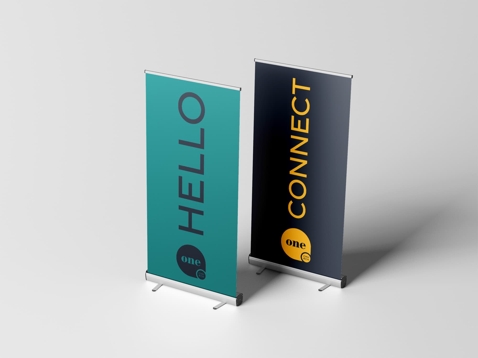 Welcome & Connect banner mockups with short One Church logo.