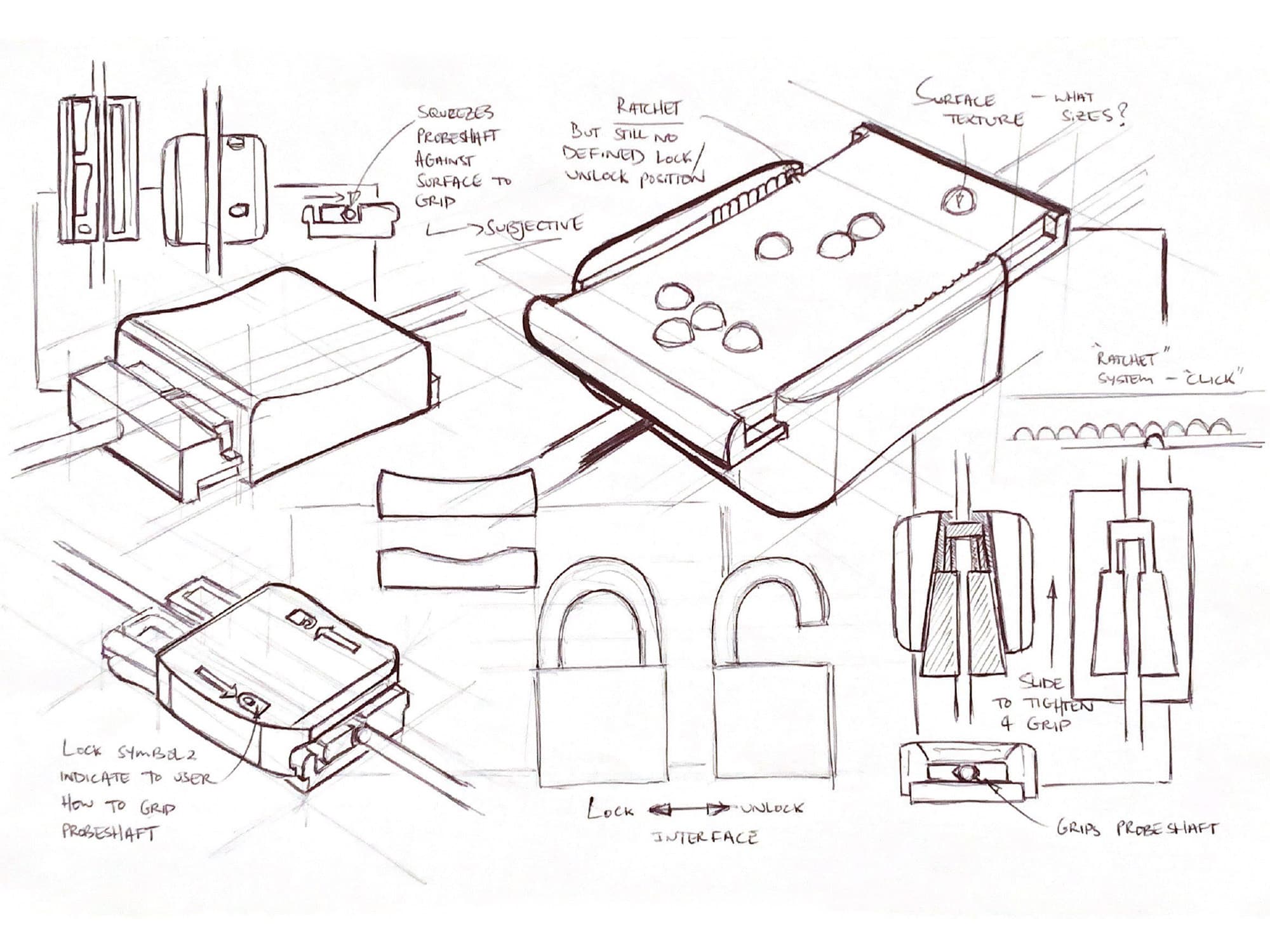 Sketches of some handle design ideas with alternative locking mechanisms.